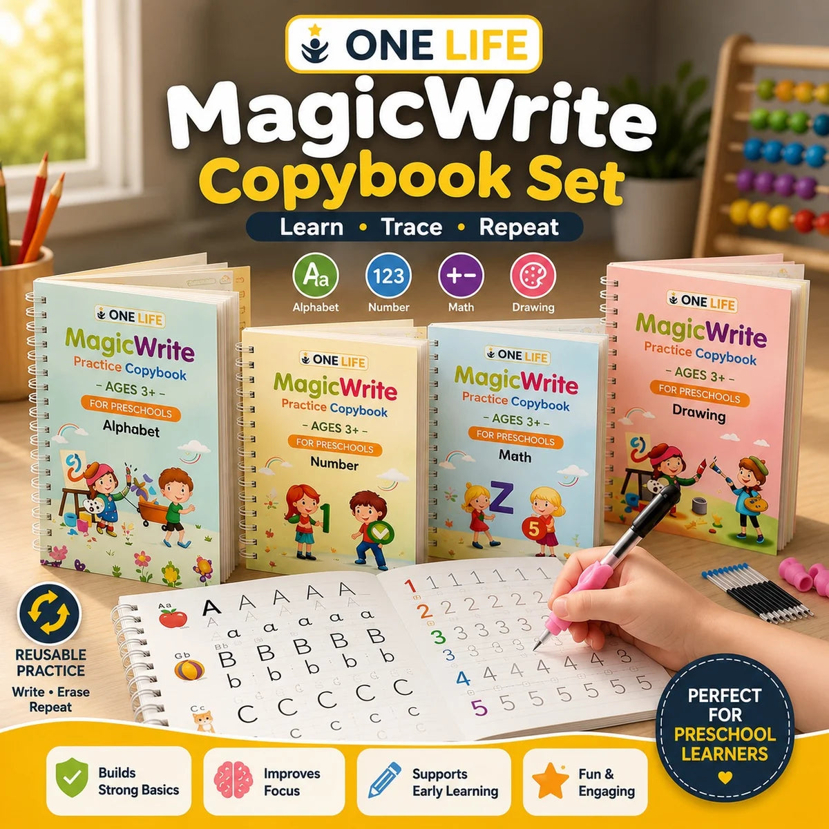 Sank Magic Practice Copybook (4 Books,1 Pen,1 Grip,10 Refill)