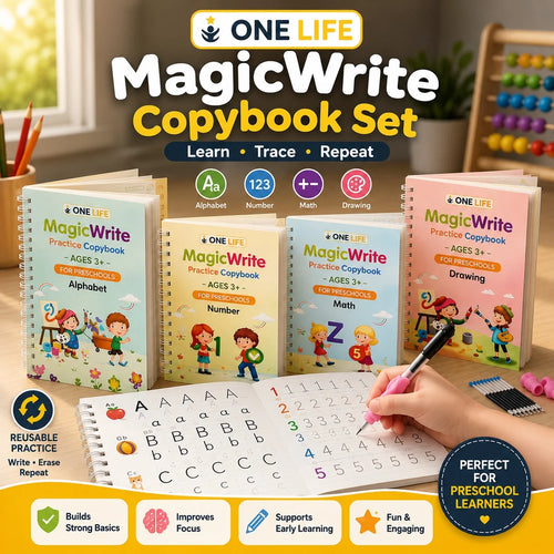 Sank Magic Practice Copybook (4 Books,1 Pen,1 Grip,10 Refill)