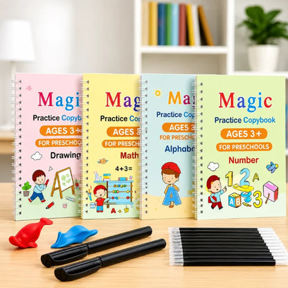 Sank Magic Practice Copybook (4 Books,1 Pen,1 Grip,10 Refill)